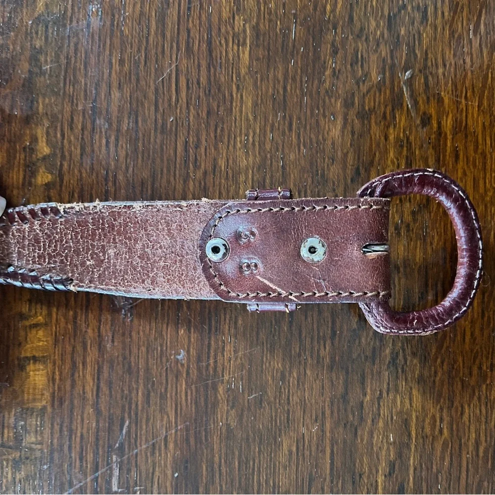 Western Brown Women's Hand Tooled thick leather belt with metal accents Sz.38/L